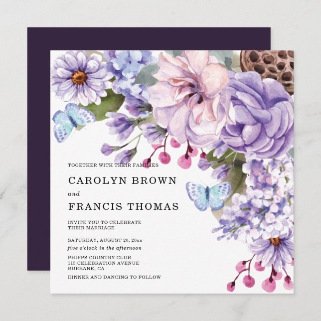 Invitation Mariage d'aquarelle florale violet (Devant / Derrière)