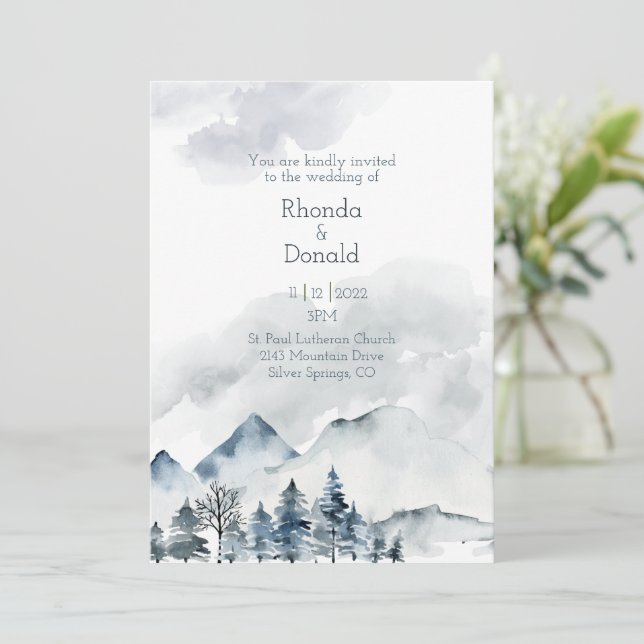 Invitation Mariage d'aquarelle Foggy Mountain (Debout devant)