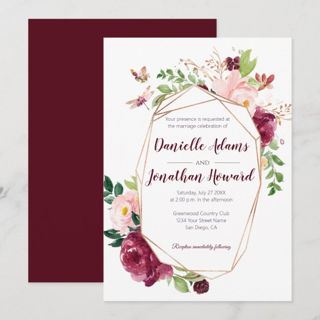 Invitation Mariage d'aquarelle géométrique de Bourgogne et ro (Devant / Derrière)