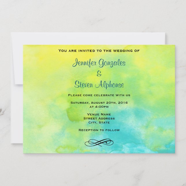 Invitation Mariage d'aquarelle jaune et bleu turquoise (Devant)