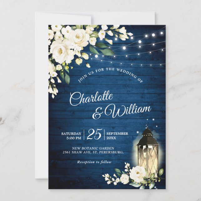 Invitation Mariage d'aquarelle marine en bois et roses blanch (Devant)