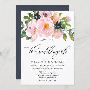 Invitation Mariage d'aquarelle marine et blush