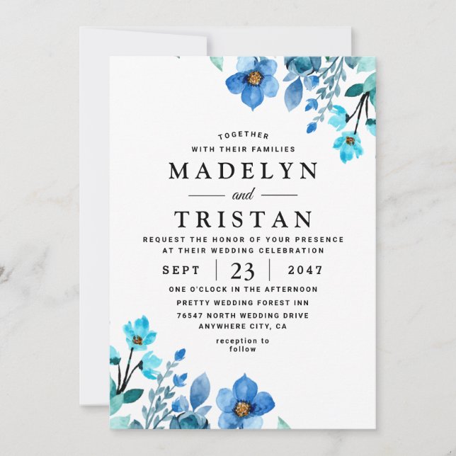Invitation Mariage d'aquarelle minimaliste bleu (Devant)