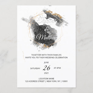 Invitation Mariage d'aquarelle moderne Black & Gold Hexagon