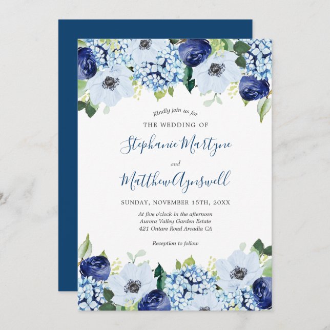 Invitation Mariage d'aquarelle moderne bleu foncé (Devant / Derrière)