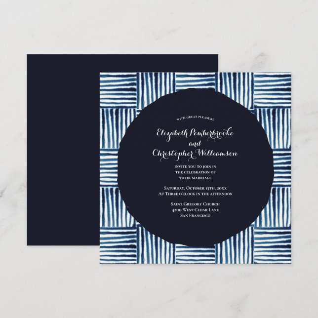 Invitation Mariage d'aquarelle moderne Indigo Blue Stripe (Devant / Derrière)