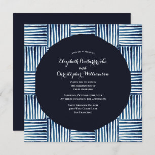 Invitation Mariage d'aquarelle moderne Indigo Blue Stripe