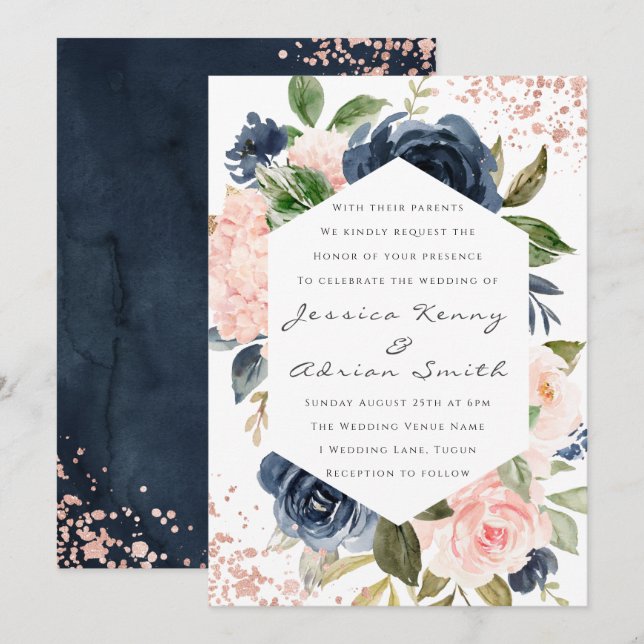 Invitation Mariage d'aquarelle moderne Marine & Blush (Devant / Derrière)