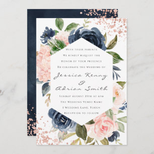 Invitation Mariage d'aquarelle moderne Marine & Blush