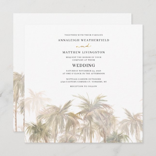 Invitation Mariage d'aquarelle moderne Palm Trees (Devant / Derrière)