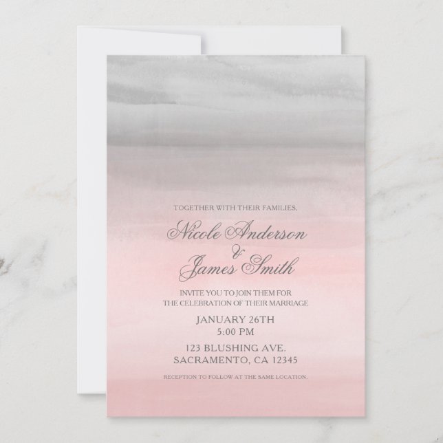 Invitation Mariage d'aquarelle moderne rose et gris (Devant)