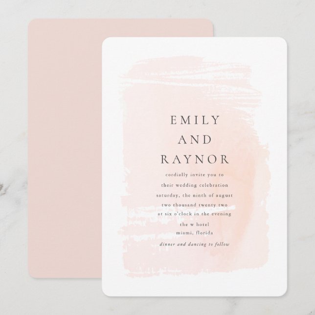 Invitation Mariage d'aquarelle moderne rose pâle (Devant / Derrière)
