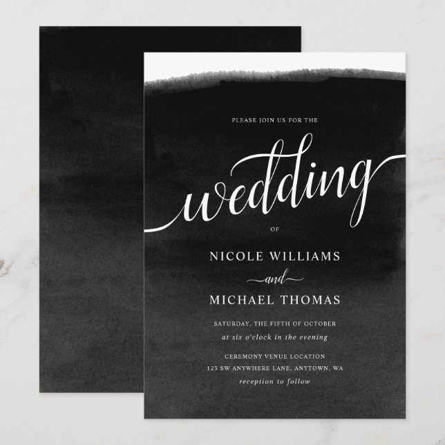 Invitation Mariage d'aquarelle noir et blanc (Devant / Derrière)