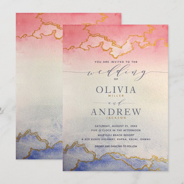 Invitation Mariage d'aquarelle Ombre rose et bleu (Devant / Derrière)