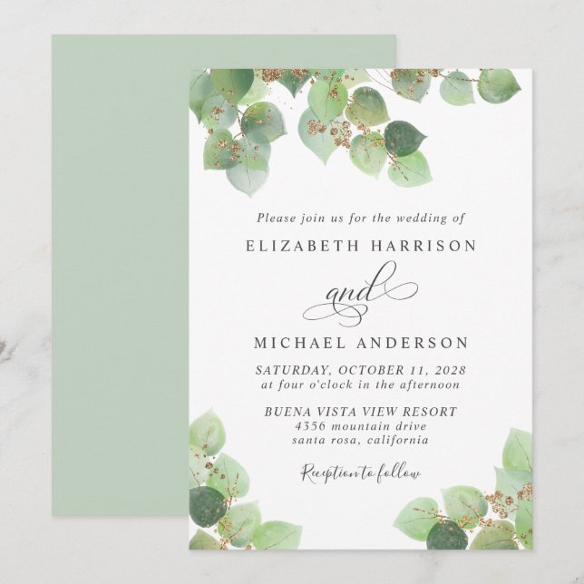 Invitation Mariage d'aquarelle or Eucalyptus vert (Devant / Derrière)