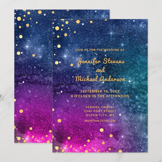 Invitation Mariage d'aquarelle Peacock bleu or moderne (Devant / Derrière)