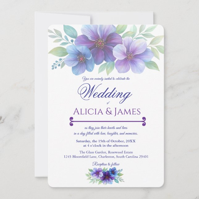 Invitation Mariage d'aquarelle romantique bleu violet (Devant)