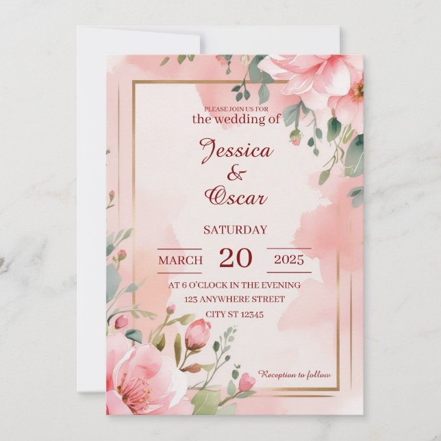 Invitation Mariage d'aquarelle romantique rose doux (Devant)