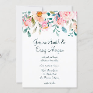 Invitation Mariage d'aquarelle rose corail et Turquoise