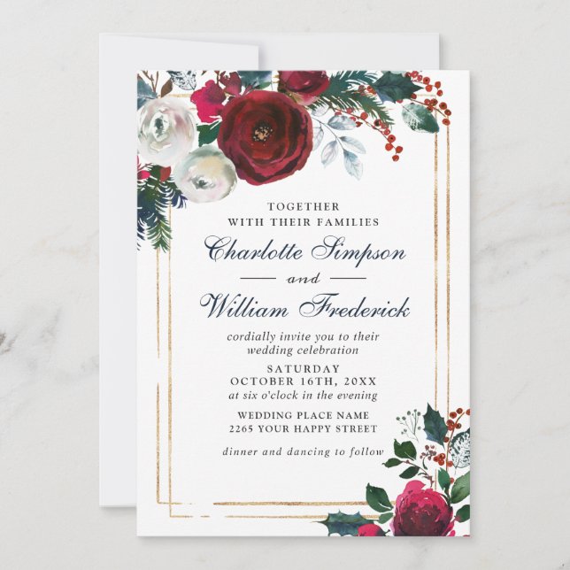 Invitation Mariage d'aquarelle Rose de Bourgogne (Devant)