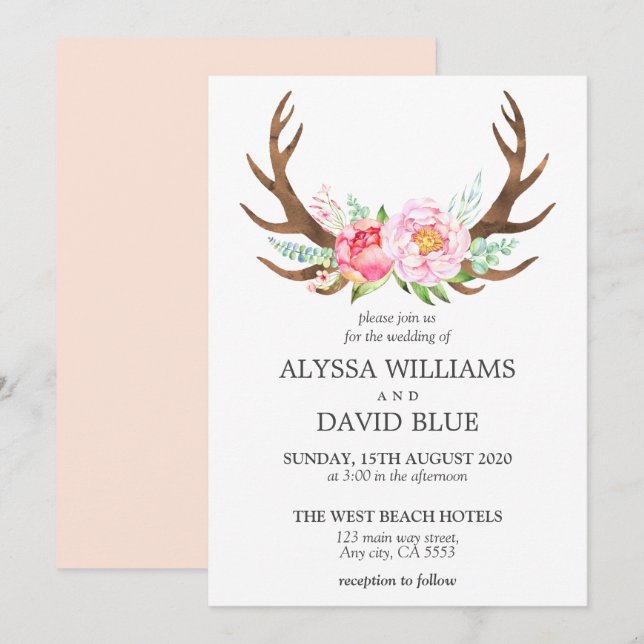 Invitation Mariage d'aquarelle rose de la florale de Deer Ant (Devant / Derrière)