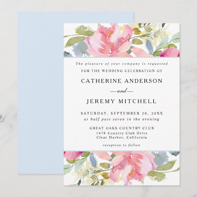 Invitation Mariage d'aquarelle rose doux (Devant / Derrière)