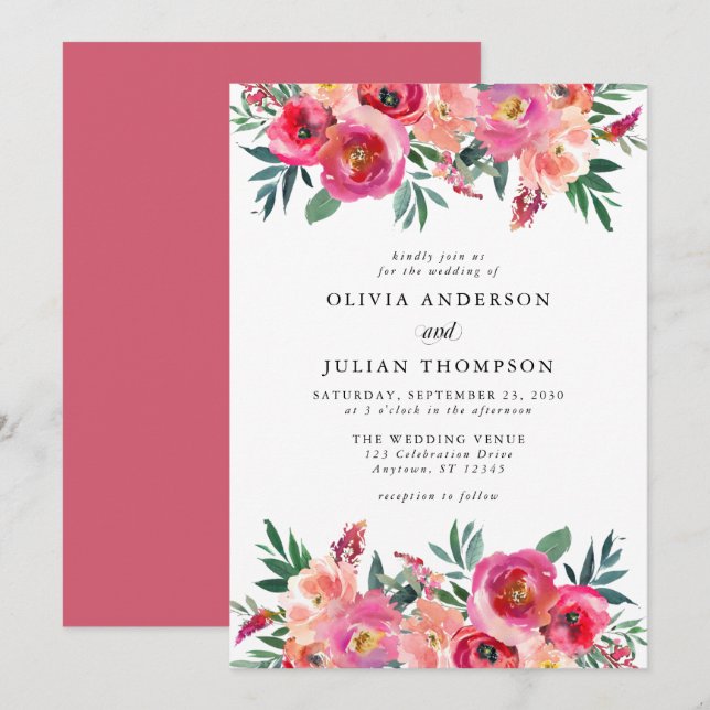Invitation Mariage d'aquarelle rose et rouge floral (Devant / Derrière)