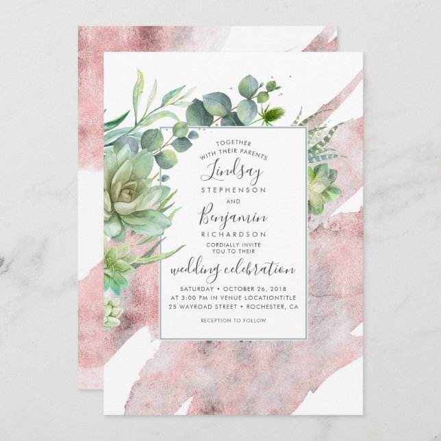 Invitation Mariage d'aquarelle Rose et succulent (Devant / Derrière)