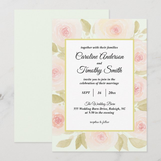 Invitation Mariage d'aquarelle rose et verte Chic Sage (Devant / Derrière)