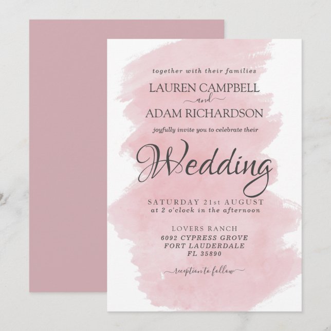Invitation Mariage d'aquarelle rose moderne (Devant / Derrière)