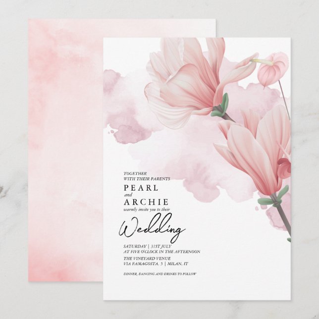 Invitation Mariage d'aquarelle rose pâle (Devant / Derrière)