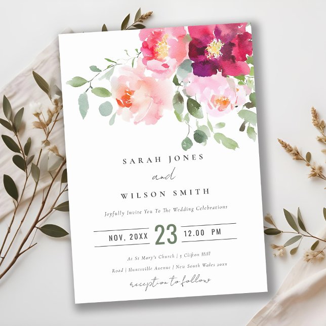 Invitation Mariage d'aquarelle Rose rose-bleu (Créateur téléchargé)
