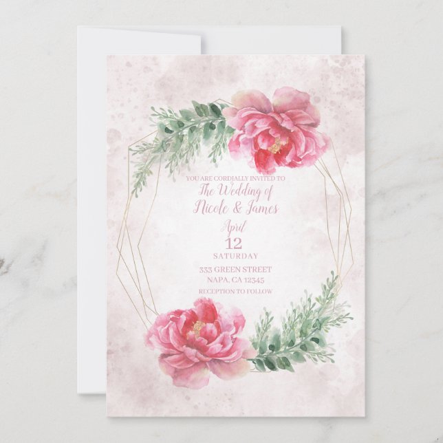 Invitation Mariage d'aquarelle rose vif (Devant)