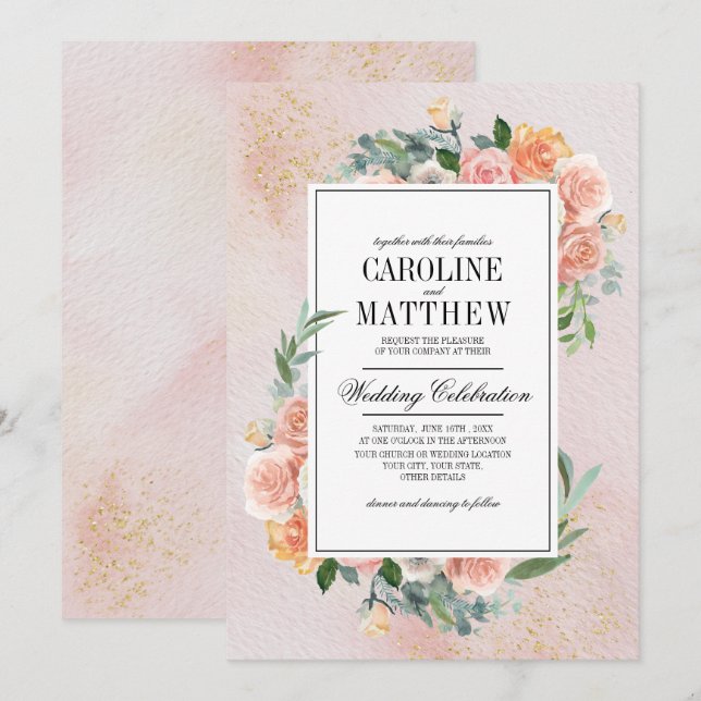 Invitation Mariage d'aquarelle rose vif (Devant / Derrière)