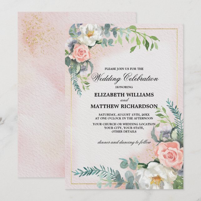 Invitation Mariage d'aquarelle rose vif (Devant / Derrière)