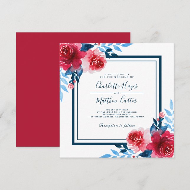 Invitation Mariage d'aquarelle rouge et bleu (Devant / Derrière)