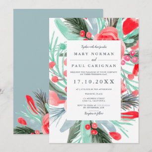 Invitation mariage d'aquarelle rouge vert d'hiver moderne