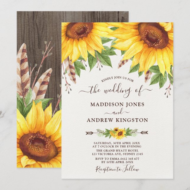 Invitation Mariage d'aquarelle Russe Sunflowers Boho (Devant / Derrière)