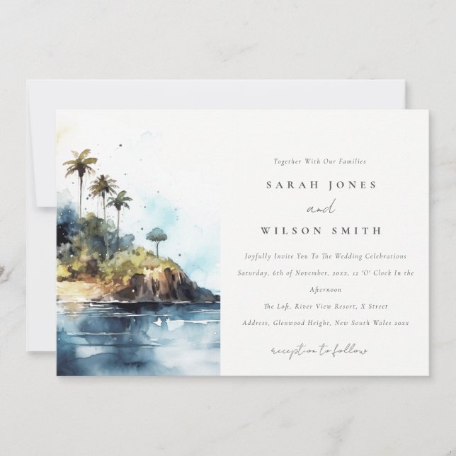 Invitation Mariage d'aquarelle Seascape Palm Tree Island (Devant)
