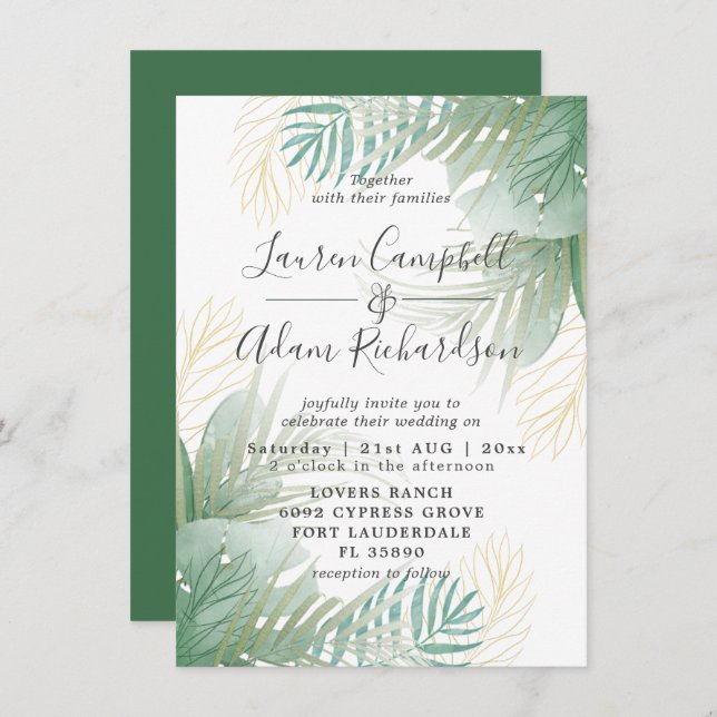 Invitation Mariage d'aquarelle tropicale verte (Devant / Derrière)