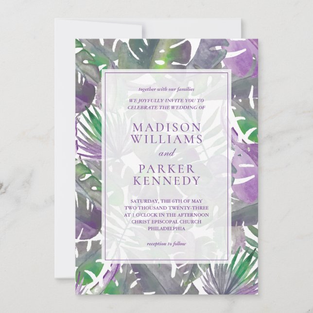 Invitation Mariage d'aquarelle tropicale violet (Devant)