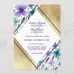 Invitation Mariage d'aquarelle Turquoise couleur or violet no