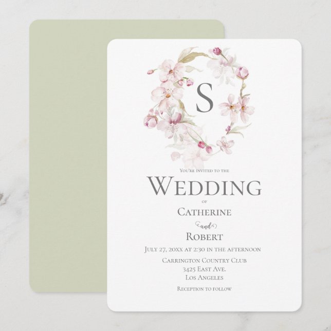 Invitation Mariage d'aquarelle vert de script floral Monogram (Devant / Derrière)