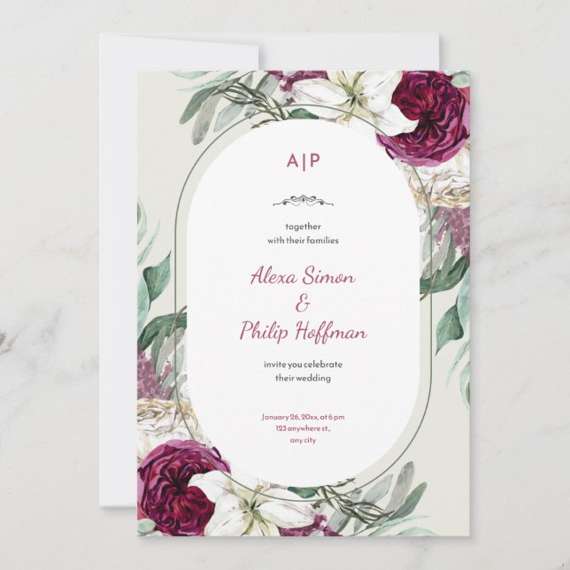 Invitation Mariage D'Aquarelle Vert Et Rouge Floral (Devant)