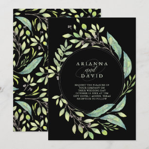 Invitation Mariage d'aquarelle vert feuilles  Noir