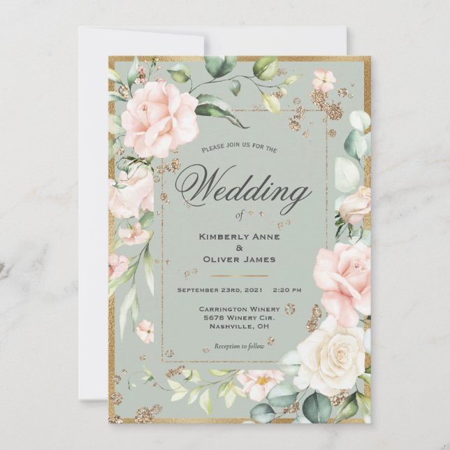 Invitation Mariage d'aquarelle vert or Floral (Devant)
