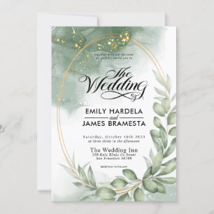 Invitation Mariage d'aquarelle vert ovale vert vert cadre or