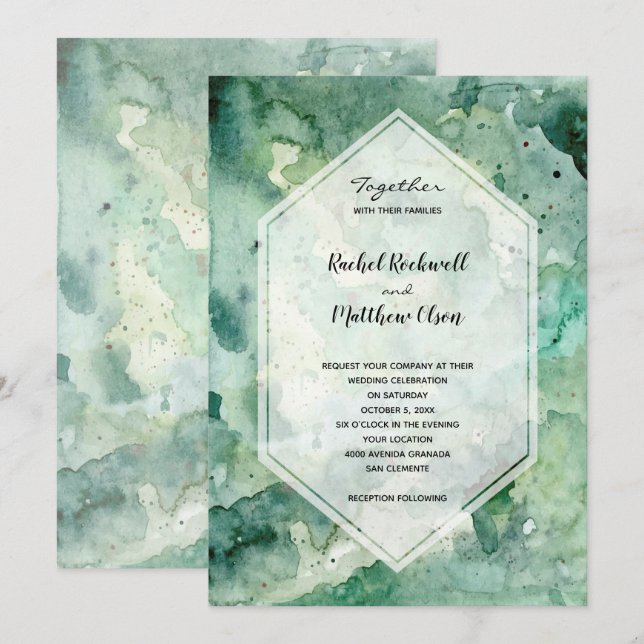 Invitation Mariage d'aquarelle verte moderne (Devant / Derrière)
