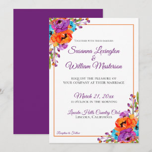 Invitation Mariage d'aquarelle violet turquoise orange