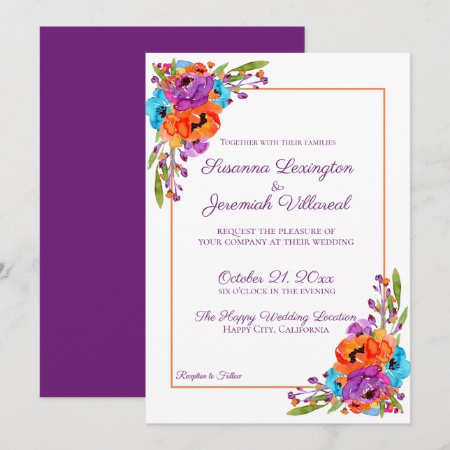 Invitation Mariage d'aquarelle violet turquoise orange (Devant / Derrière)